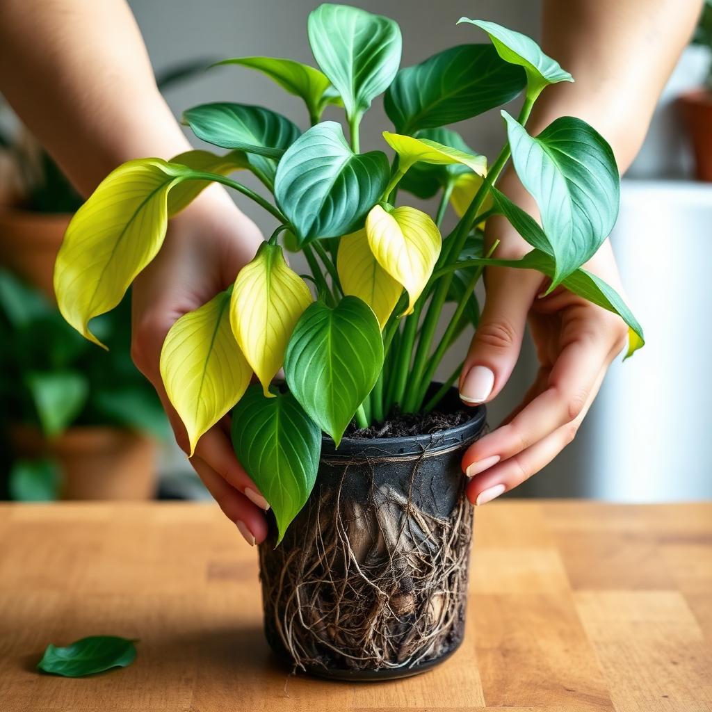 Manos sacando de la maceta una planta de interior con hojas amarillas y raíces encharcadas sobre una mesa de madera.