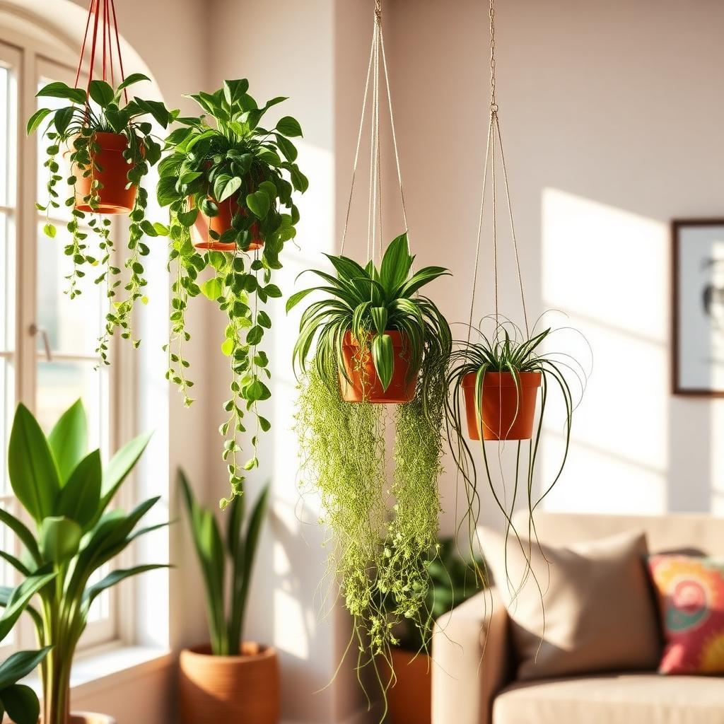 Varias plantas colgantes en macetas de terracota junto a una ventana luminosa de un salón moderno.