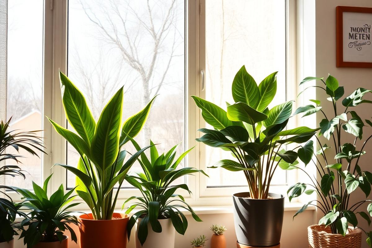 Plantas de interior junto a una ventana grande recibiendo luz natural filtrada.
