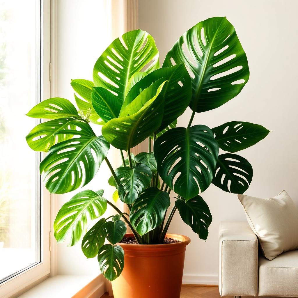 Monstera Deliciosa grande con hojas fenestradas en maceta de terracota junto a una ventana luminosa.