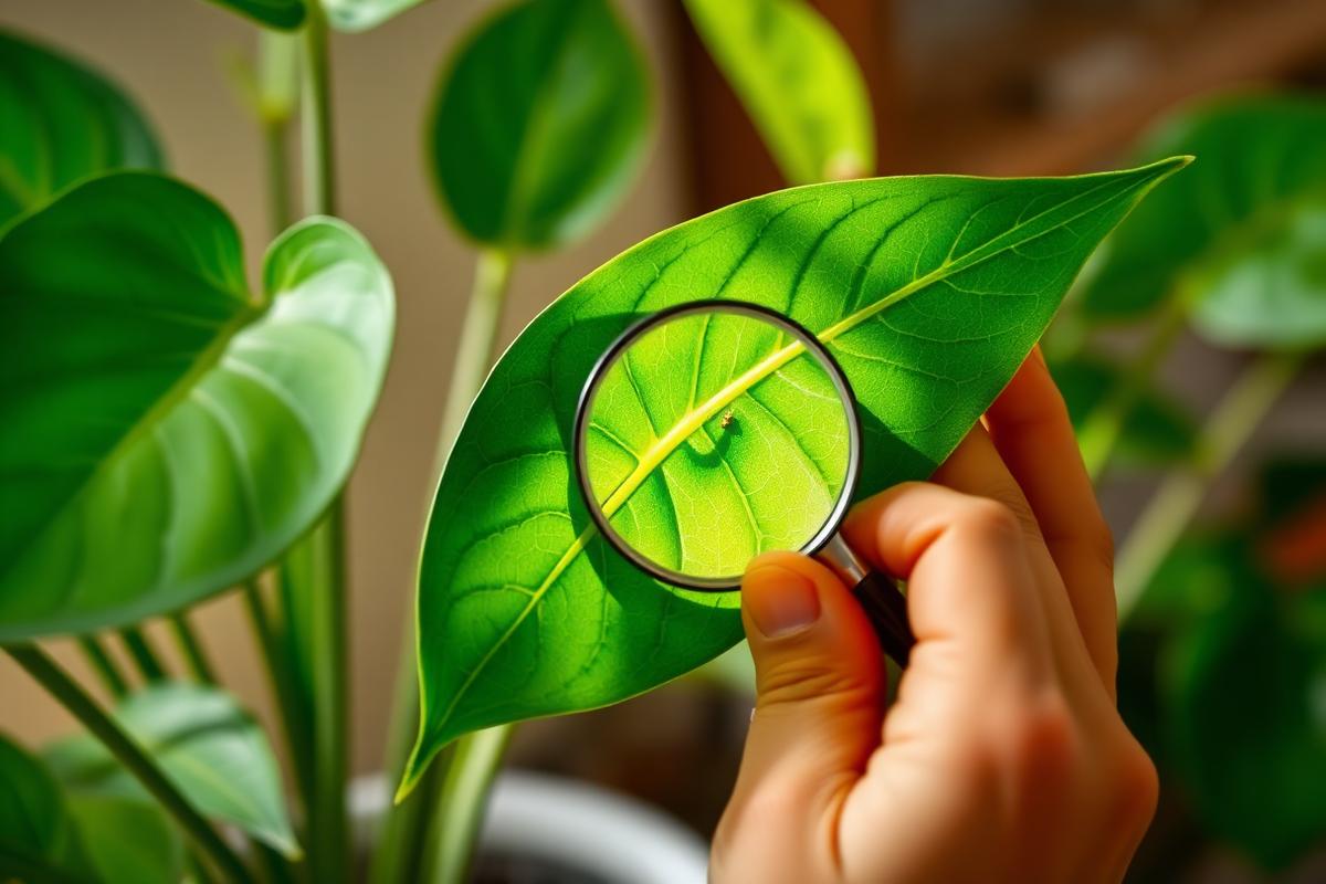 Manos revisando con lupa el envés de una hoja verde de una planta de interior.
