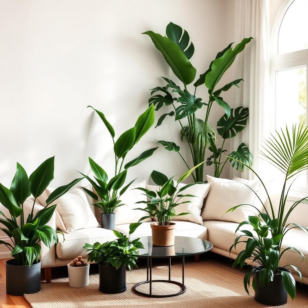 Salón luminoso con varias plantas de interior grandes (sansevieria, potos, palmera areca y espatifilo) alrededor de un sofá.