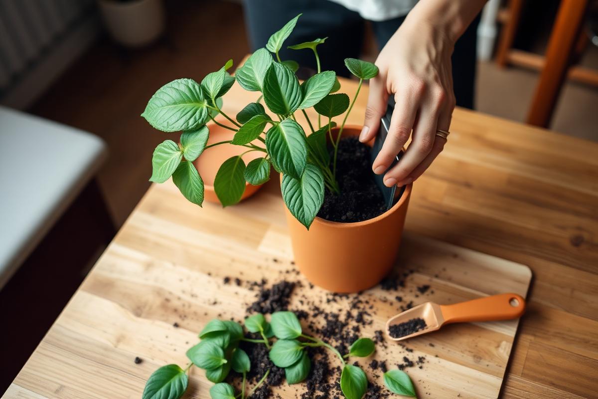 Persona trasplantando una planta de interior con tierra fresca sobre una mesa de madera.
